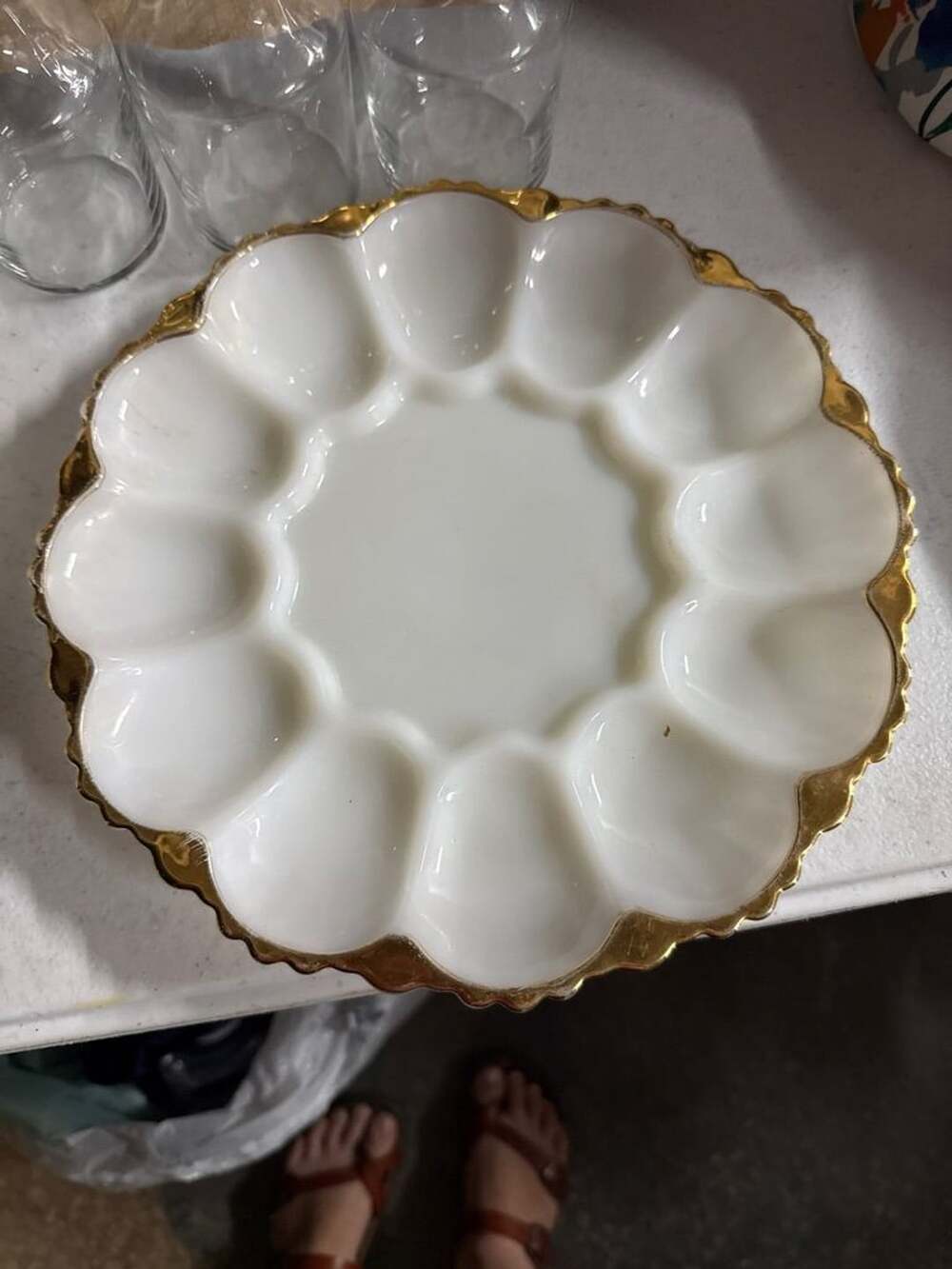 Vintage Milk Glass Egg Plate with Gold Trim